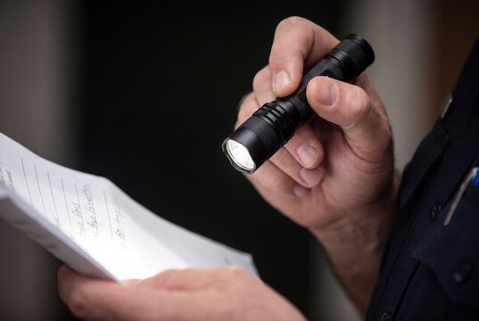 Police officer holding flashlight and reading document in dark room