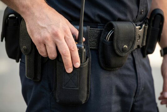 Police officer holding walkie talkie close up on duty equipment belt