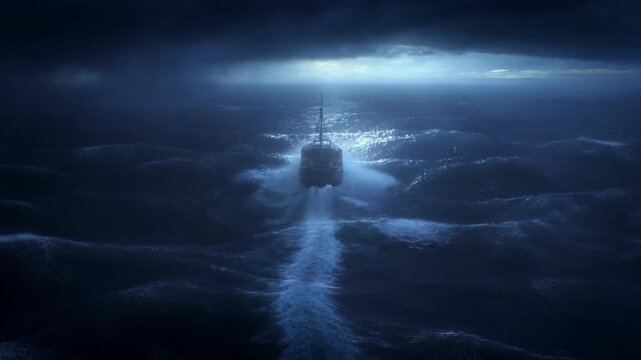 Boat on Rough Ocean Beneath Dark Storm Clouds with Visible Wake and Sea Spray