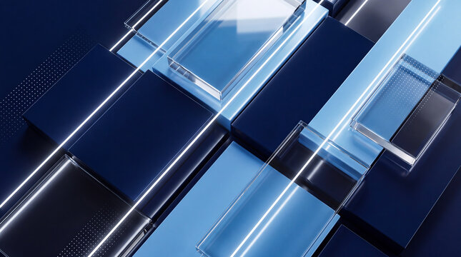 Abstract blue cuboid blocks arranged in a geometric pattern with transparent glass layers and light reflections