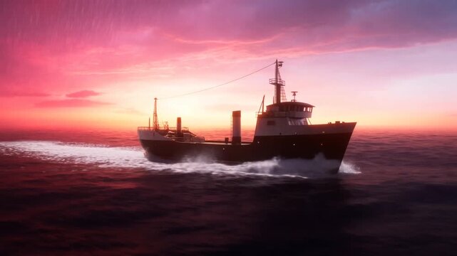 Ship Underway on Open Sea Beneath a Pink Sunset with Foamy Wake