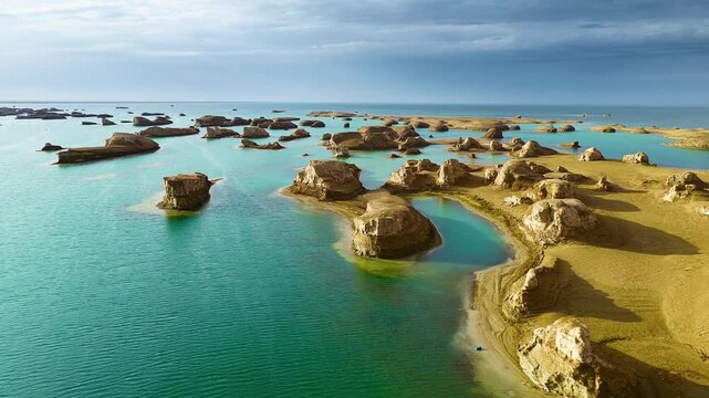 Eroded yardang landforms stand in turquoise lake water under bright afternoon sunlight in Qinghai, China, creating desert islands.