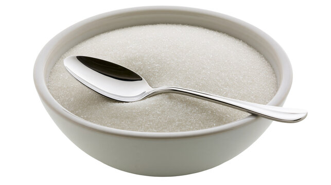 Isolated bowl of white granulated sugar with a shiny silver spoon, sweet ingredient for cooking