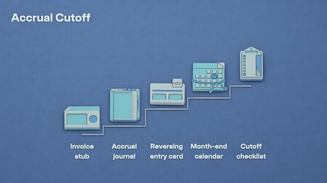 Invoice receipt initiates expense accrual, followed by marking a reversing entry and completing cutoff checks to close the accounting period. Flat 3D style; objects labelled in English.