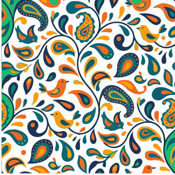 Colorful paisley and bird pattern