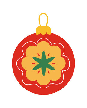 Red Christmas Bauble Ornament with Yellow Flower and Green Snowflake Design