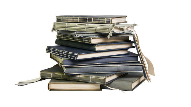 Isolated stack of vintage Japanese-bound books with fabric covers and decorative spine stitching