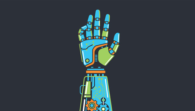 High-tech robotic arm and hand with glowing blue and green panels showing internal gears and circuits on a dark background.