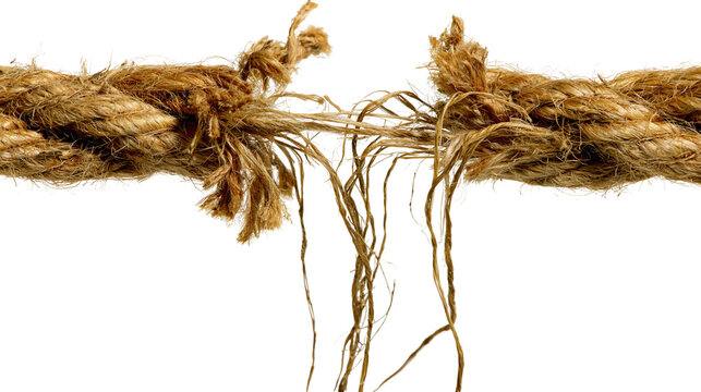 Isolated close-up of a snapping, frayed rope, concept of breaking point, failure, stress.
