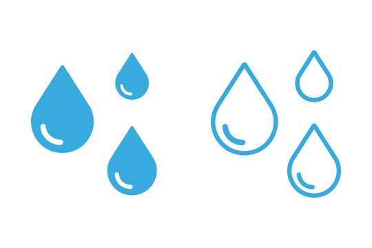 Set of blue water drop icons in solid and outline style for weather and environmental design