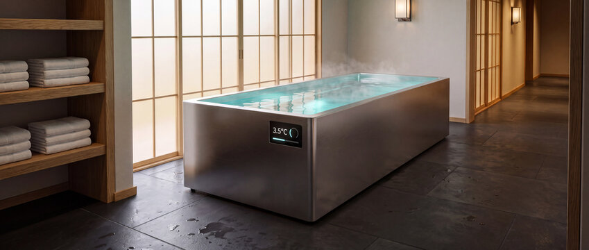 Cold plunge tub in a modern wellness spa, featuring brushed stainless steel design, chilled water with rising vapor, digital temperature display, and ambient lighting for recovery
