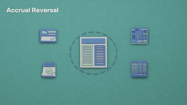 Accrual reversal puts the journaled estimate in focus, with the reversing entry, vendor invoice and period close controls waiting their turn. Flat 3D style; an English title card.