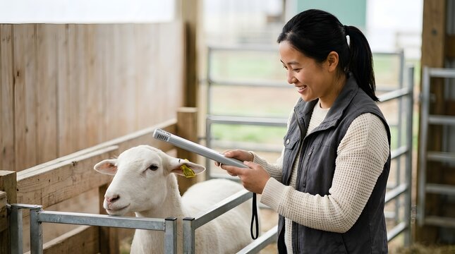 Asian female agriculturalist using electronic reader to scan eartag of sheep in pen