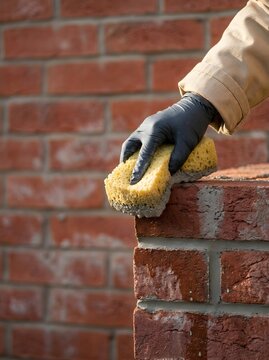 Mason hand cleaning excess wet mortar from red brick wall corner with yellow sponge