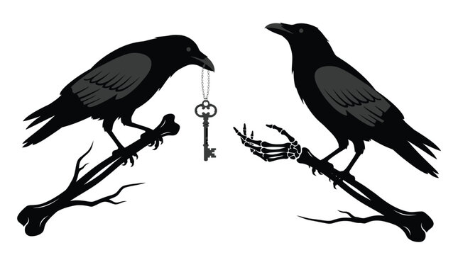 Two black ravens perched on skeleton bones with an old metal key on white background