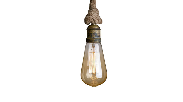 Isolated vintage industrial Edison light bulb hanging from a decorative knotted rope, warm light