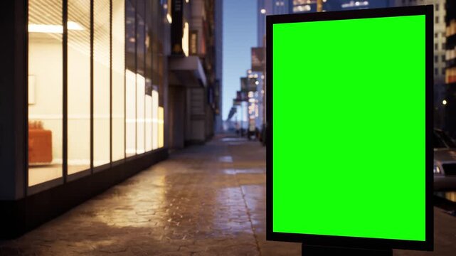 Green screen billboard mockup in a modern city at night with glowing windows and street lights, light fog. Timelapse of street traffic with defocused buildings and glowing windows in the background