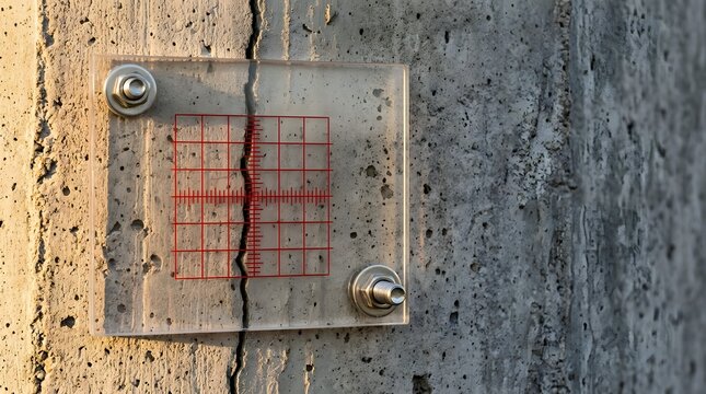 Acrylic crack monitor telltale installed over vertical fissure on textured concrete wall
