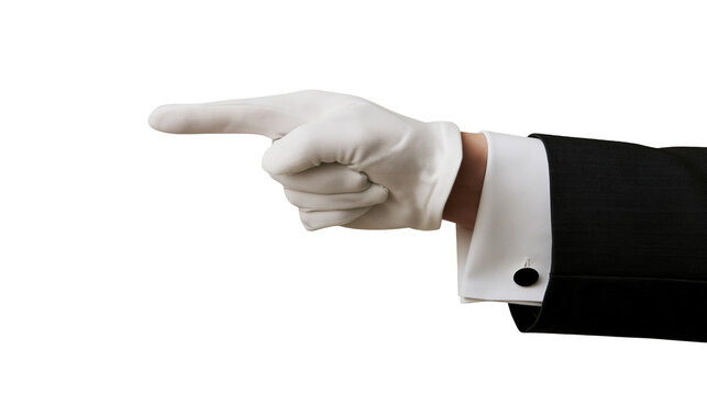Isolated elegant butler's gloved hand in a formal suit pointing left with index finger