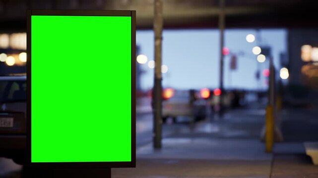 Empty chroma key advertising panel standing on an urban avenue at night with glowing windows and street lights, light fog. Cars rush by in a timelapse while the green screen stays sharp and ready for