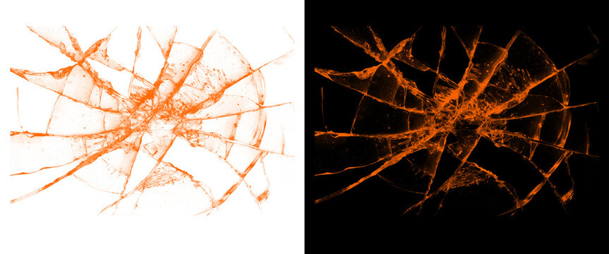 Orange Shattered Glass Crack Texture Isolated on White and Black Background