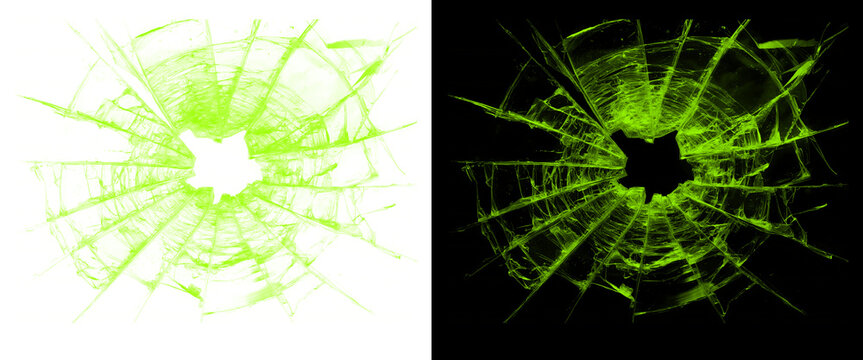 Green Broken Glass Impact Texture on White and Black Background