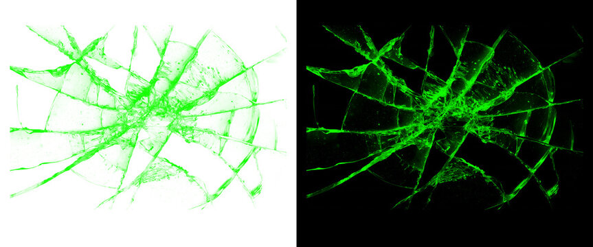 Green Broken Glass Texture and Shattered Screen Effect on Black and White Background