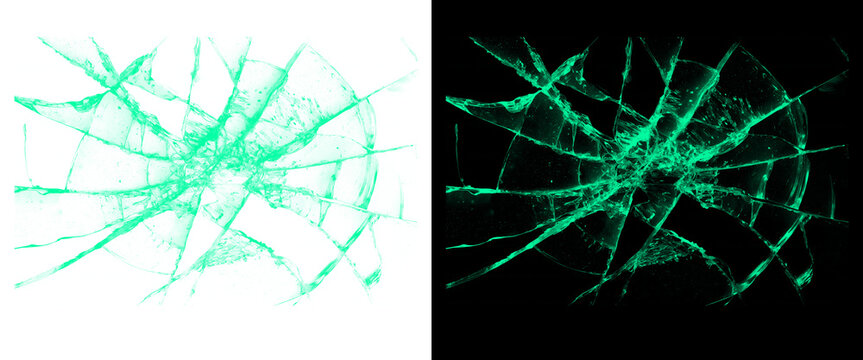 Green Glowing Broken Glass Texture Overlay on White and Black Background