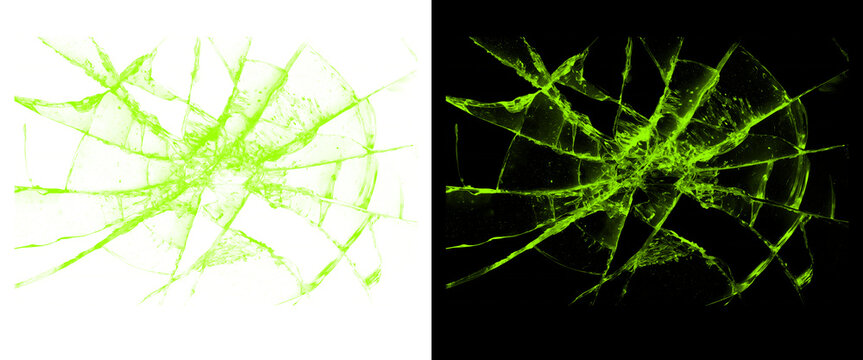 Green Shattered Glass Texture and Cracks Overlay Isolated on Black and White Background