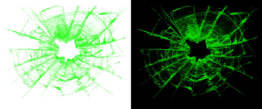 Green Broken Glass Texture with Bullet Hole Impact on White and Black Background
