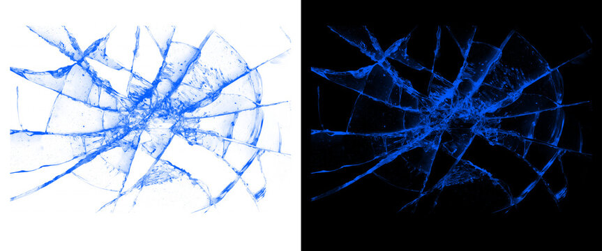 Blue Broken Glass and Shattered Screen Texture on White and Black Background