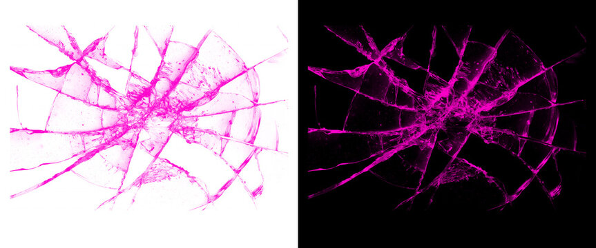 Magenta Broken Glass Crack Overlay Texture on White and Black Background