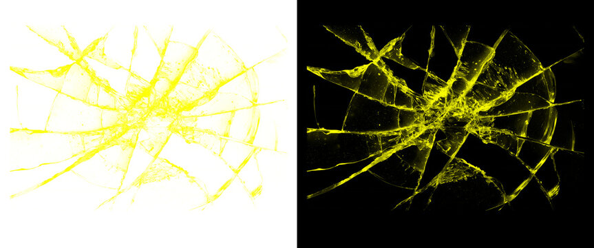 Yellow Cracked Glass Overlay and Broken Screen Effect on White and Black Background
