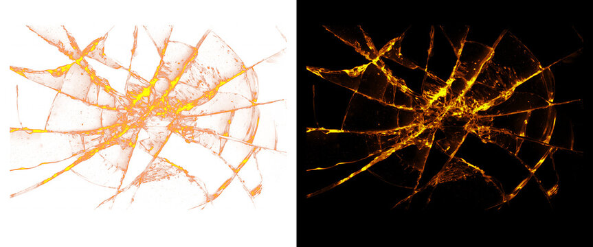 Shattered Glass Cracks Texture Overlay with Golden Glow on White and Black Background