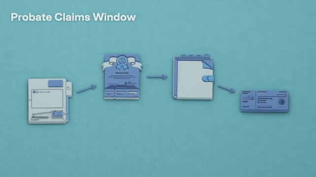 The probate claims window follows marked stages from notice to creditors through secured claim filing and an allowance order to lien release, freeing the estate asset. Flat 3D style; objects labelled