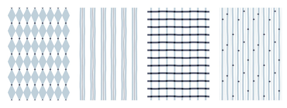 Pastel blue baby pattern set. Hand drawn argyle diamonds, irregular striped and plaid grid backgrounds. Cute print for textile, fabric and wrap paper. Preppy Scandinavian design. Vector illustration