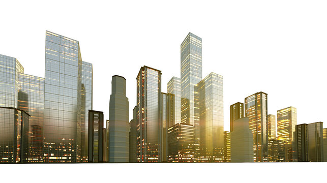 Isolated modern urban cityscape with glowing skyscraper windows and a black banner with text.