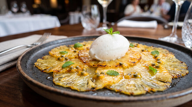 Thin translucent slices of caramelized pineapple carpaccio garnished with fresh passionfruit seeds, coconut sorbet quenelle, and mint leaves in a high-end restaurant.