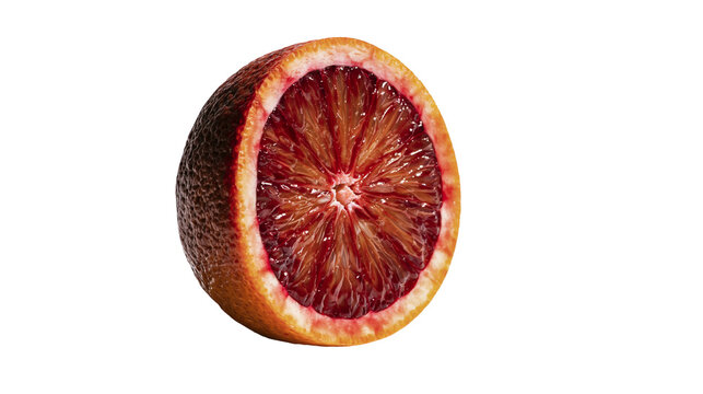 Isolated fresh blood orange half fruit with vibrant red pulp and textured peel