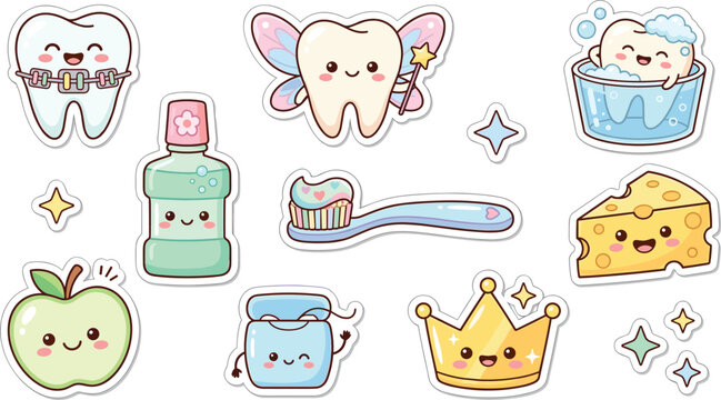Cute Kawaii Dental Care Sticker Set with Tooth Fairy, Braces, Toothbrush, Mouthwash, Floss, and Healthy Food Icons for Kids