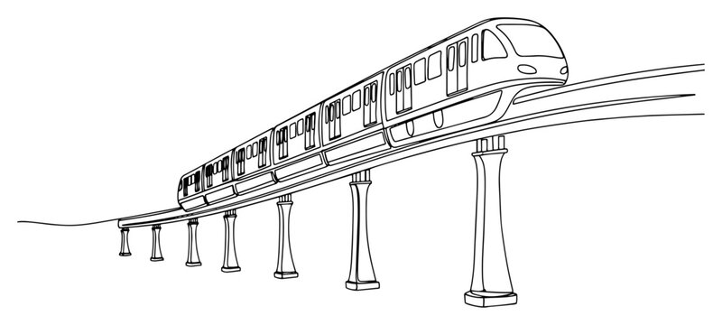 Monorail train on elevated track continuous line drawing, modern rapid transit vector illustration isolated on white