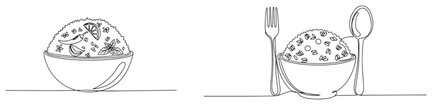 Rice bowl with cutlery continuous line drawing, Asian fried rice dish with spoon and fork vector illustration