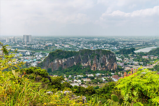 A view over the karst limestone scenery from the Marble Mountains in Da Nang, Vietnam on a bright sunny day
