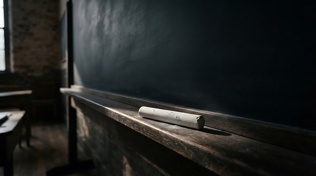 A 1 2 3 chalk piece resting on a wooden tray in an empty old classroom with a dark blackboard in background