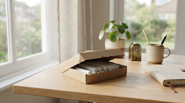 A 1 2 3 chalk set inside a recycled cardboard box on a bright, well-lit wooden desk with office supplies