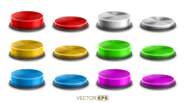 Set of colorful 3D glossy buttons with metallic texture.