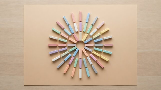Colorful pastel 1 2 3 chalk sticks arranged in a circular pattern on paper and wooden background