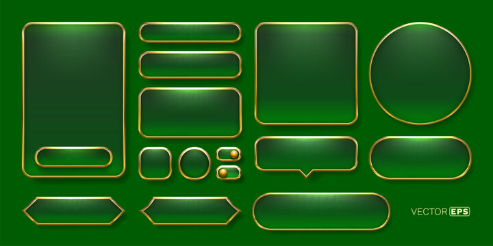 Glossy Green and Gold UI Buttons and Frames Collection.