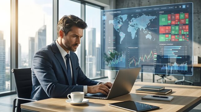 Professional businessman analyzing global financial data on holographic screen, corporate executive working on laptop in modern office, digital data visualization