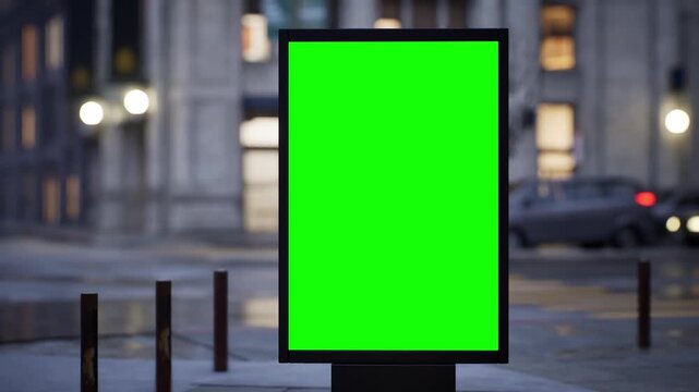 Green screen billboard mockup in a modern city under high midday light, overcast sky. Timelapse of street traffic with defocused buildings and glowing windows in the background. Replace the green area
